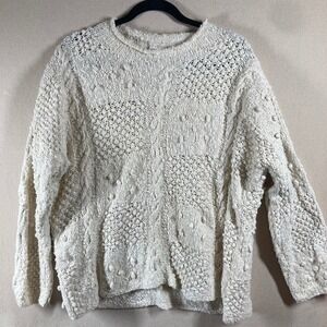 Irish Style Linen Sweater One Size Ivory Chunky Open Cable Handknit ‎ Baubles